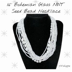 Bohemian Glass Seed Bead Necklace NWT 16" Multi-Strand 14 White Vintage Style
